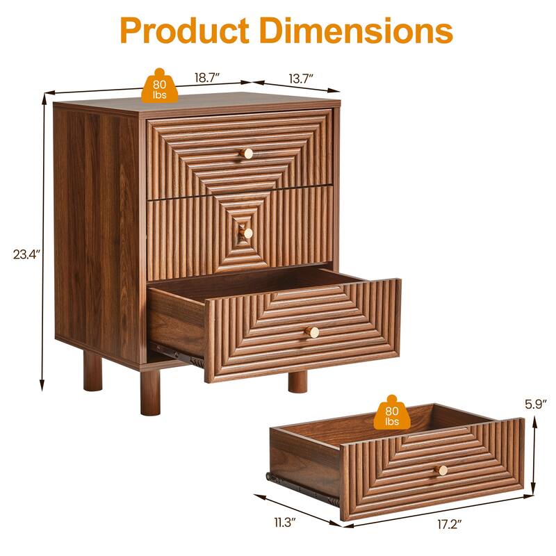 Brown 3-Drawer Nightstand with Solid Wood Legs