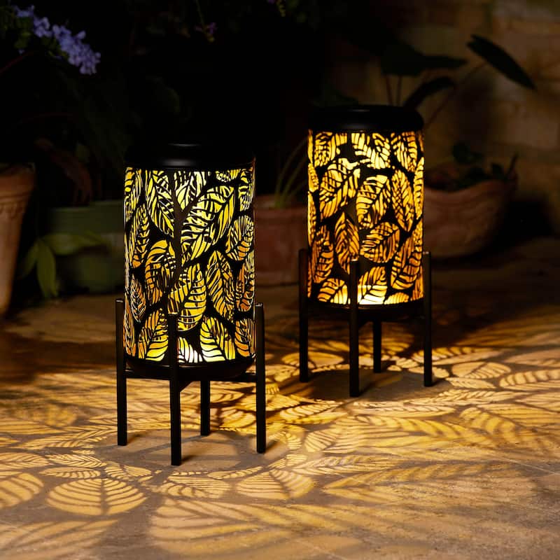Glitzhome 14.25"H Set of 2 Metal Flower Cutout Solar Lanterns Floor Lantern - Leaves-Black