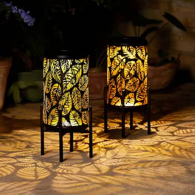 Glitzhome 14.25"H Set of 2 Metal Flower Cutout Solar Lanterns Floor Lantern