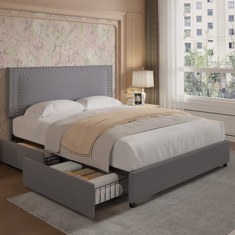 VECELO Upholstered Storage Bed Frames with 4 Storage Drawers Platform Bed Frame with Adjustable Velvet Rivets Headboard - Grey - Full