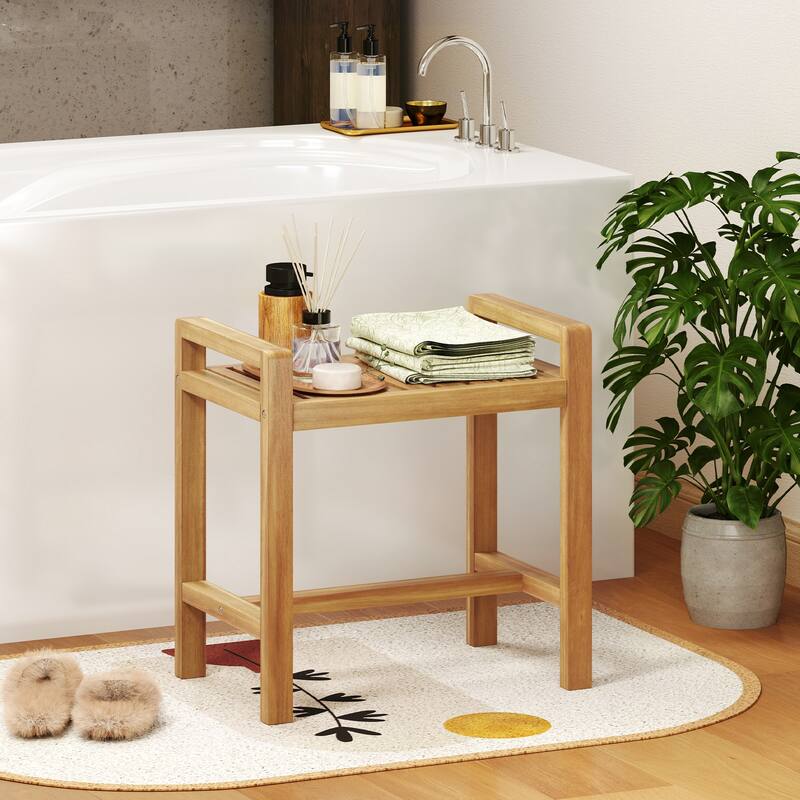 Gymax Teak Wood Shower Bench Solid Wood Stool for Inside Shower