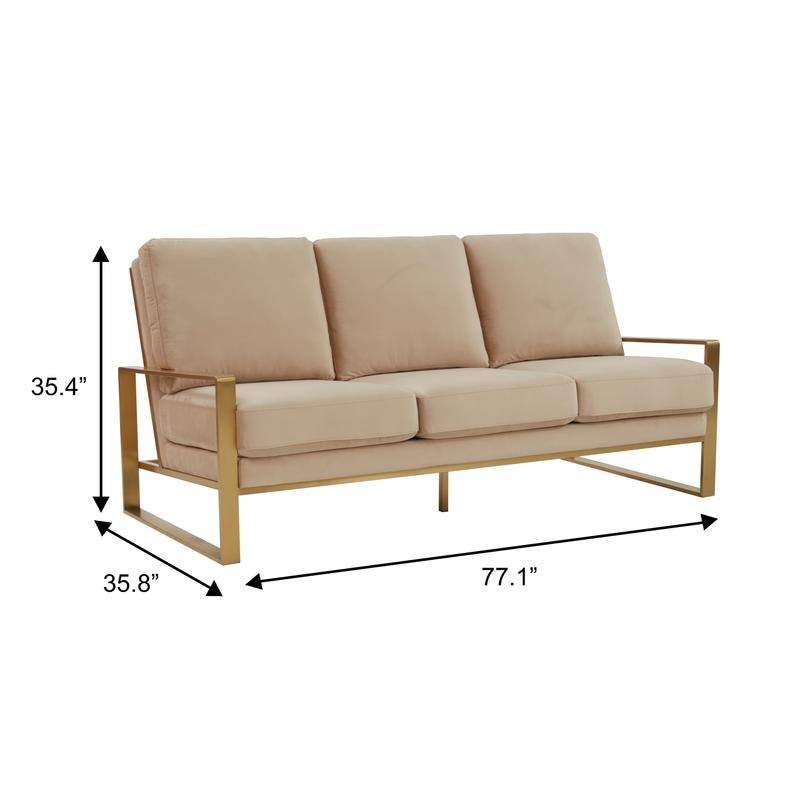 Jefferson Velvet Upholstered 3 Seater Sofa with Brushed Gold Stainless Steel Base and Removable Cushions - 77.1
