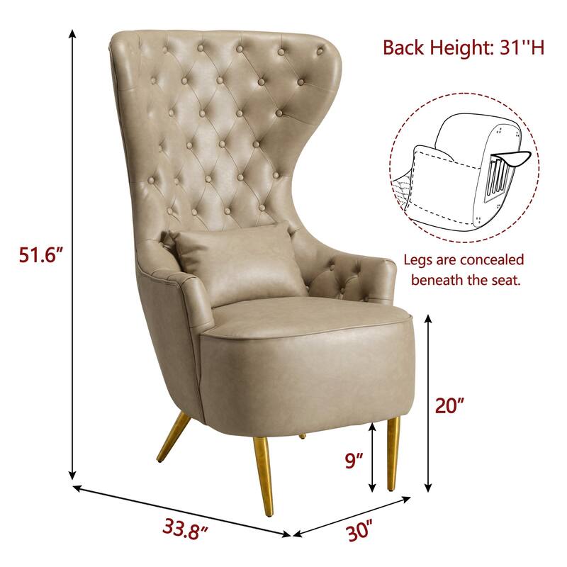 KINWELL Upholstered Tufted Faux Leather Wingback Chair PU Accent Chair