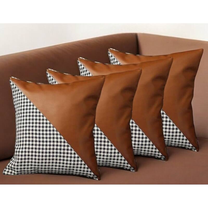 Set of Four 18" Brown Black and White Houndstooth Fabric and Faux Leather Throw Pillows - White/Brown/Black