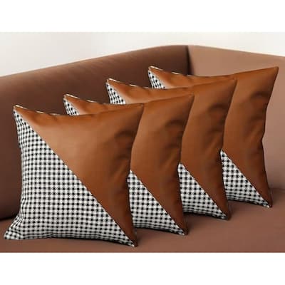 Set of Four 18" Brown Black and White Houndstooth Fabric and Faux Leather Throw Pillows