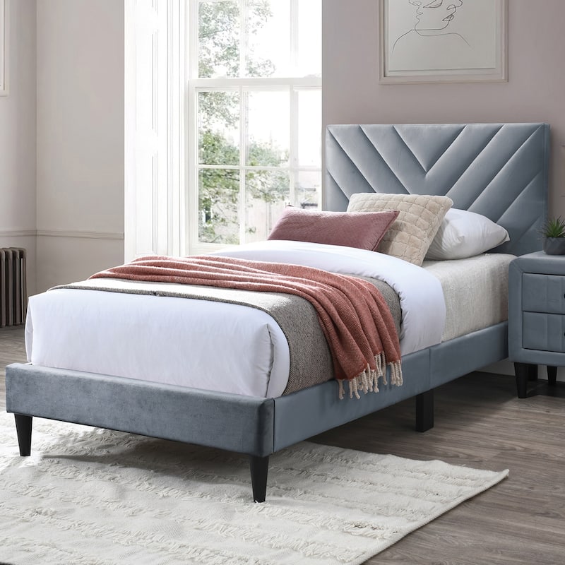 Velvet Upholstered Adjustable Headboard Twin Bed with V-stitching Design