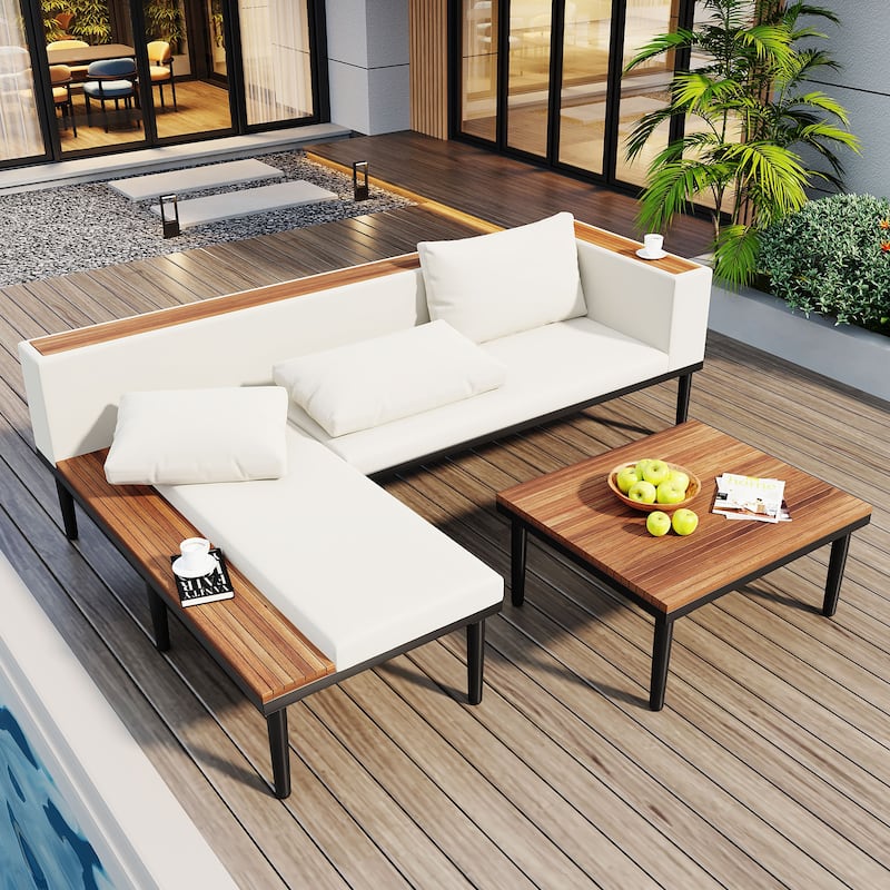 Luxury Outdoor Patio Furniture Set with Removable Cushions - L-Shaped Acacia Wood Sofa with Coffee Table & Side Table