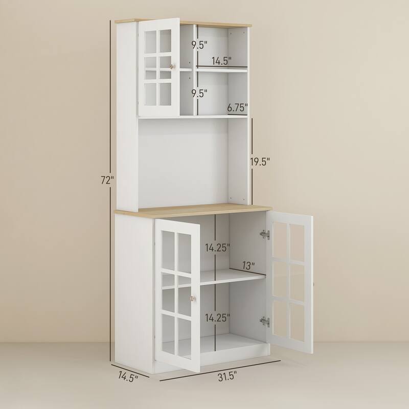 72" Freestanding Storage Cabinet with Hutch, Large Countertop, Glass Doors and Adjustable Shelves