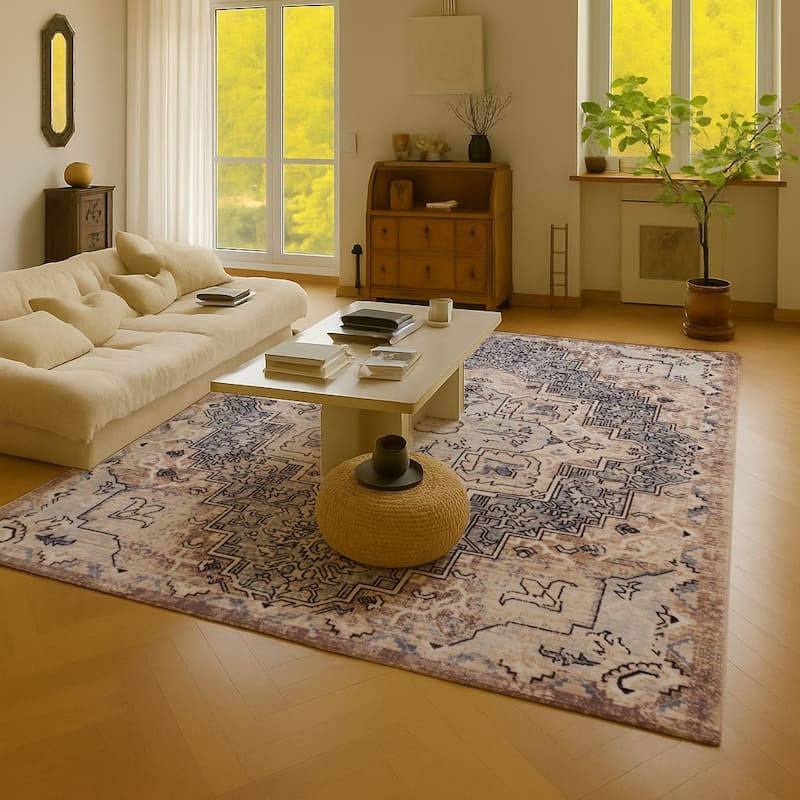 ECARPETGALLERY Esmira Traditional Machine Washable Blue & Beige Area Rug