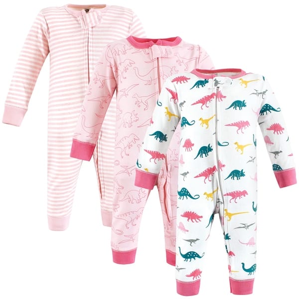 slide 1 of 1, Hudson Baby Infant Girl Cotton Sleep and Play, Girl Dino 0-3 Months - Girl Dino