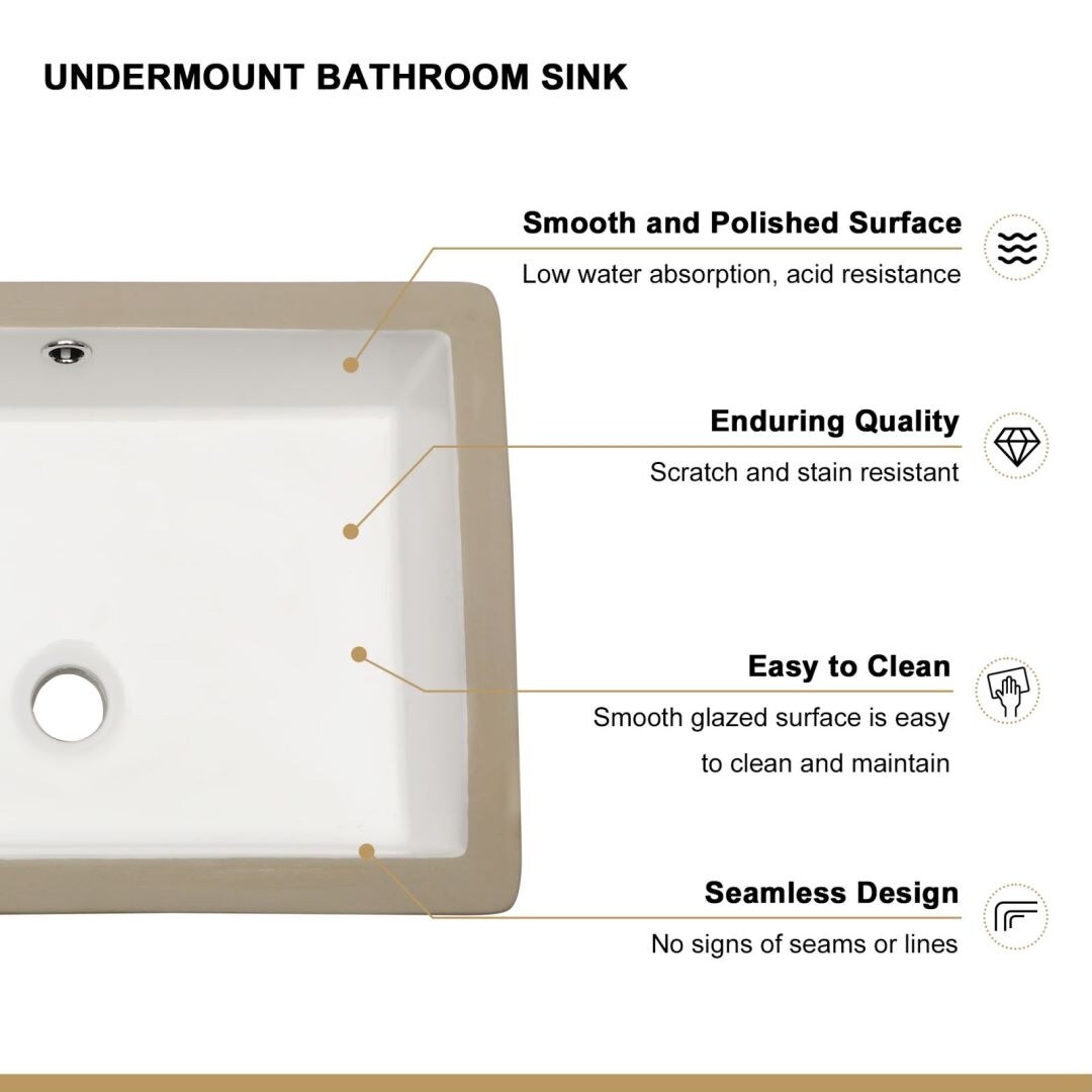 Kichae Undermount Bathroom Sink 20 Inch Ceramic Sink with Overflow