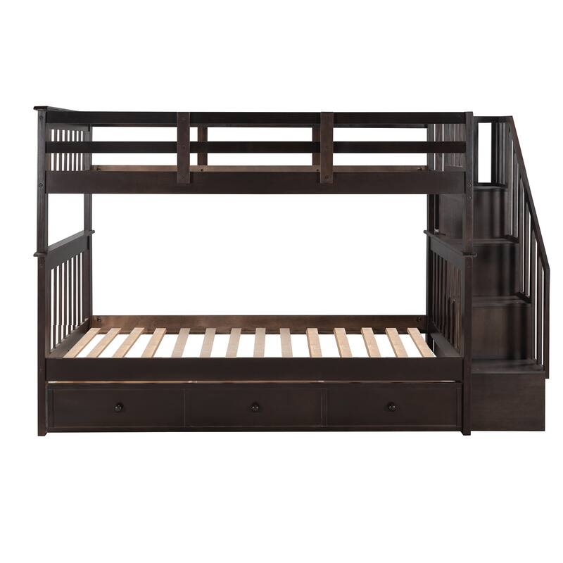 Twin-Over-Twin Bunk Bed with Stairs and Three Drawers, Espresso Finish