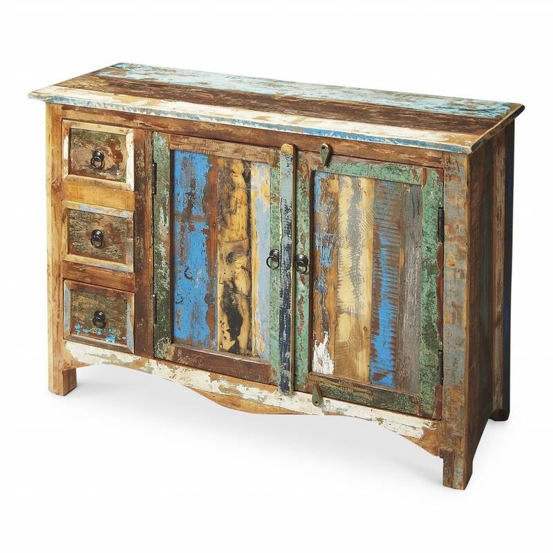 HomeRoots 44" Brown Green and Gray Solid Wood Three Drawer Sideboard with Two Doors - 43.5' X '33' X '15.75 - 43.5' X '33' X '15.75