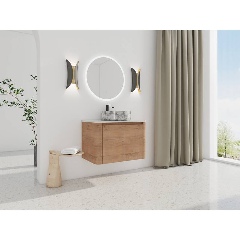 30'' Wall-Mounted Bathroom Vanity With Ceramic Art Sink & 2-Soft-Close Door, KD-Packing, Plywood