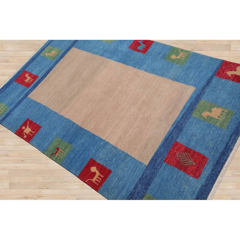 Hand Knotted Gabbeh Beige, Blue Persian Wool Modern Oriental Area Rug - 4' x 6'