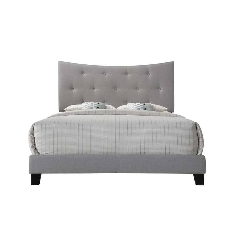 Queen Bed with Button-Tufted Arched Headboard and Low-Profile Footboard, Gray Fabric Upholstery, Rubberwood Legs