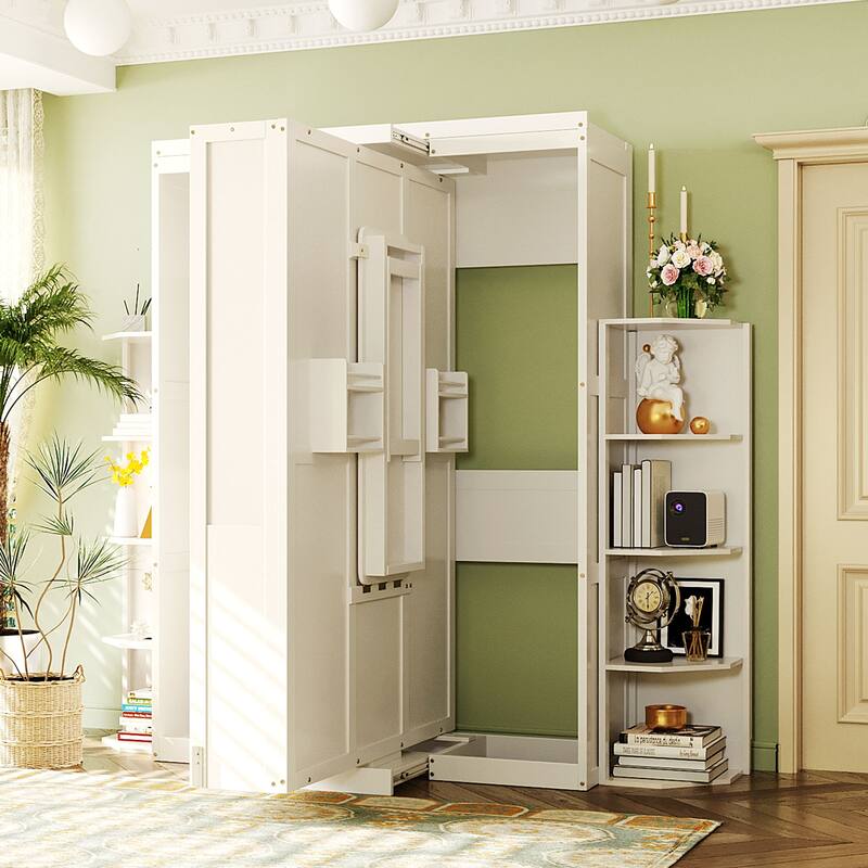 Roomfitters Rotating Queen Murphy Bed with Desk and Shelves 360 Degree Swivel - White