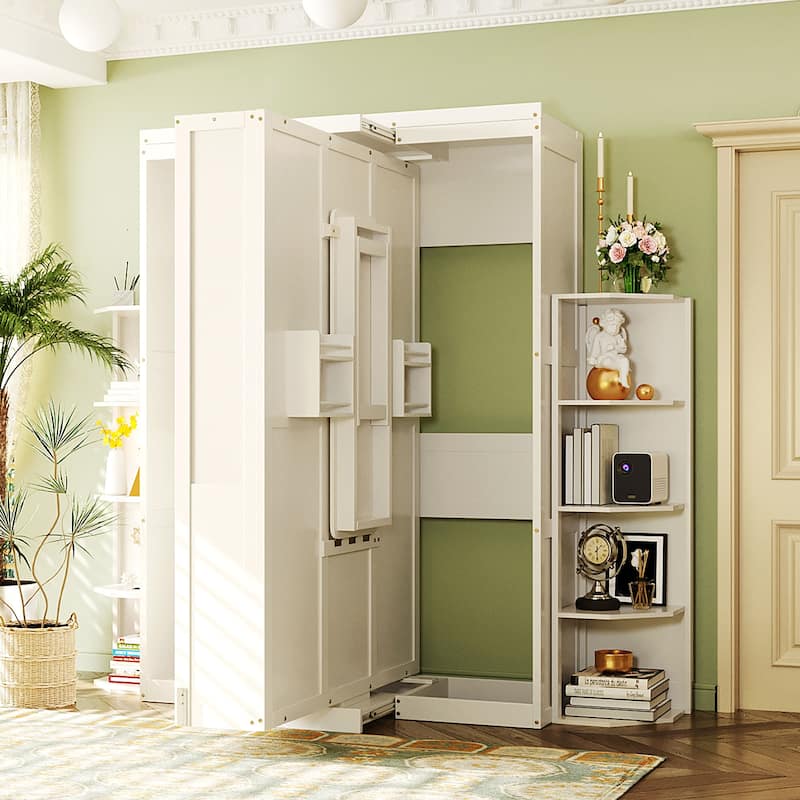 Rotating Queen Murphy Bed with Convertible Desk & Shelves - Multifunctional Hidden Wall Bed System for Small Spaces