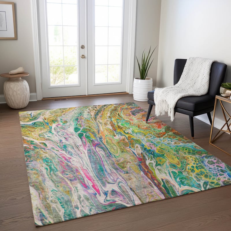 Machine Washable Indoor/ Outdoor Chantille Abstract Modern Rug - Green - 3' x 5'