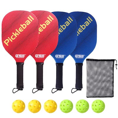 GSE™ Pickleball Paddles Set with 4 Wooden Pickleball Rackets, 3 Indoor & 3 Outdoor Pickleball Balls, Mesh Carrying Bag