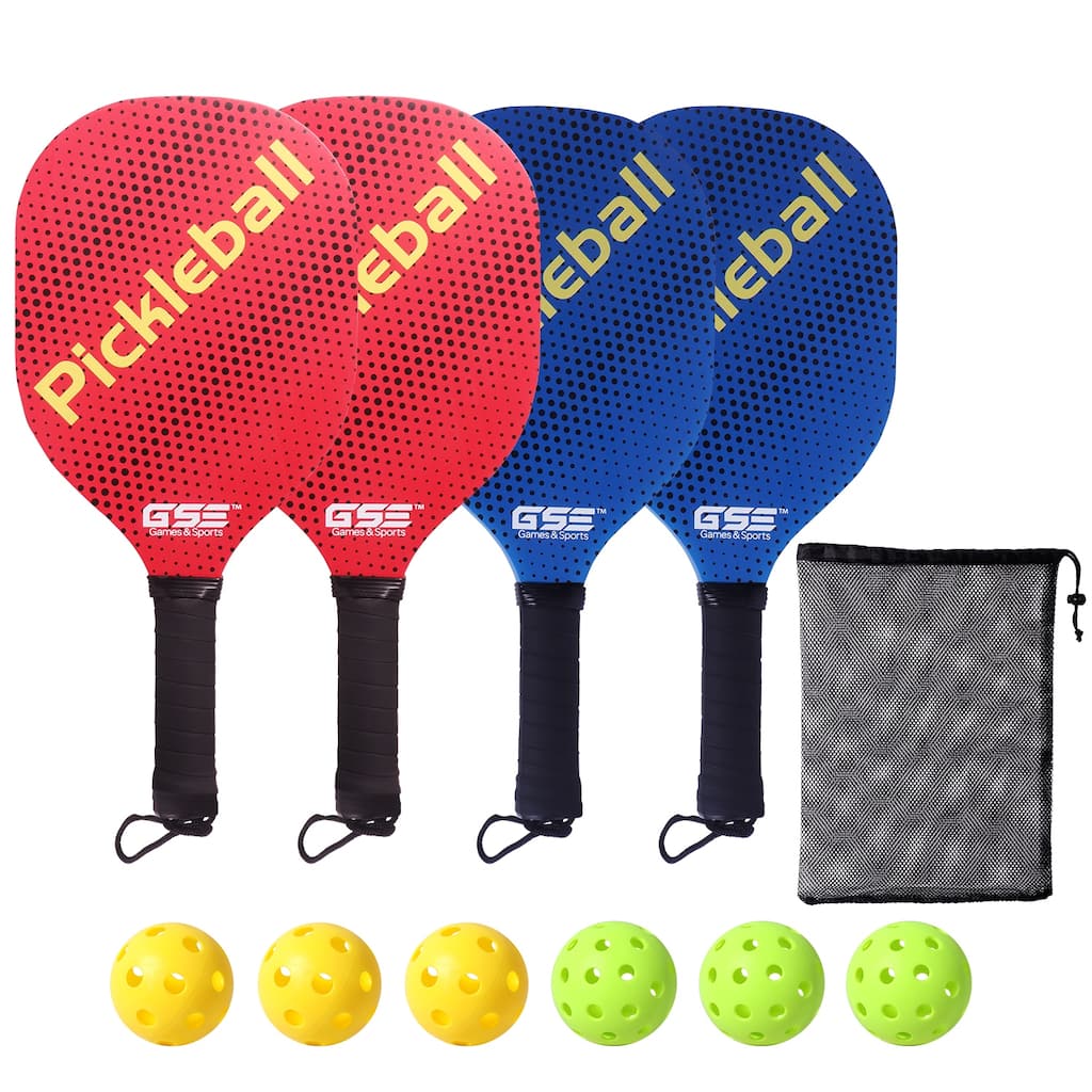 GSE™ Pickleball Paddles Set with 4 Wooden Pickleball Rackets, 3 Indoor & 3 Outdoor Pickleball Balls, Mesh Carrying Bag
