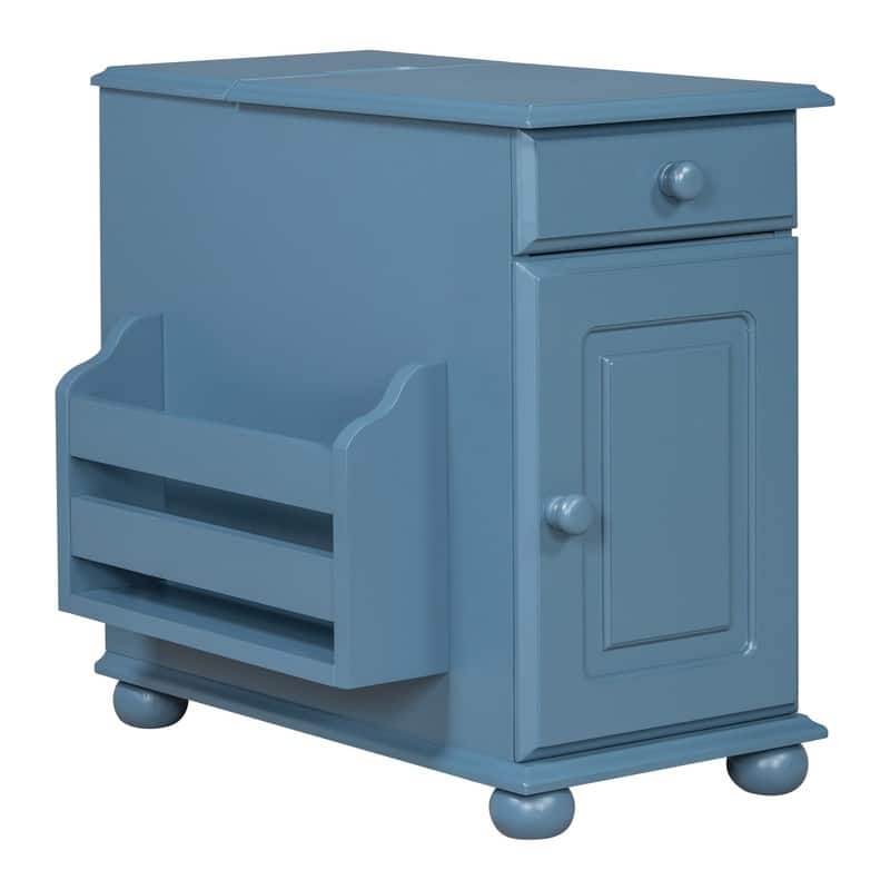 Retro Flip-Top End Table – USB Ports, Cup Holder Drawer & Bookshelf, Ideal for Small Spaces.