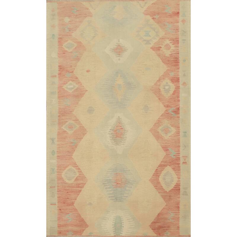 Hand Woven Oriental 100% Wool Carpet Southwestern Tribal Beige & Ivories Kilim Area Rug - 8' 11'' X 5' 8''
