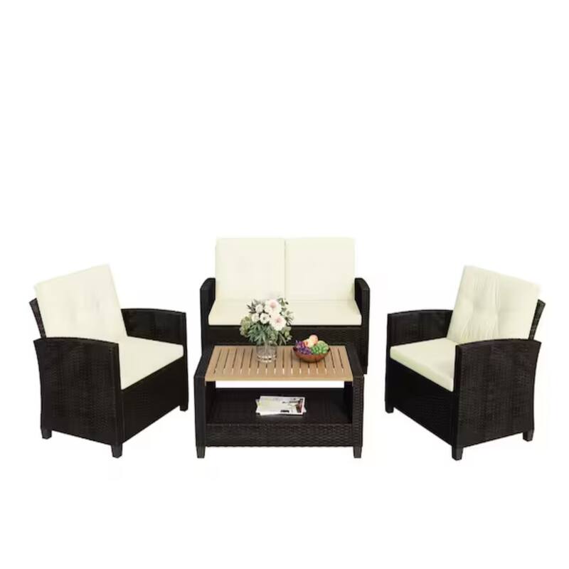 4-Piece Wicker Patio Conversation Set with Beige Cushions
