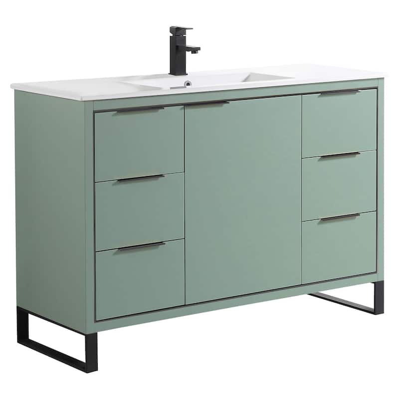 Fine Fixtures Opulence Collection Bathroom Vanity with White Ceramic Sink - 48 Inch - Mint Green - Black Hardware