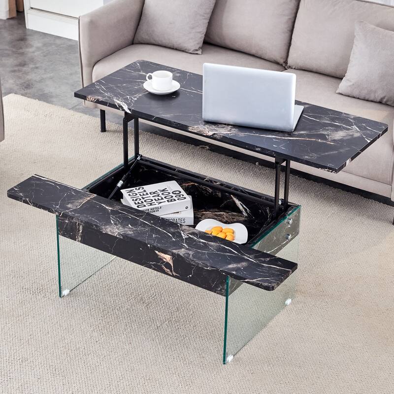 Multifunctional Lift-Top Coffee Table with Tempered Glass Legs, Rectangular Living Room Table 2-Tier Center Table