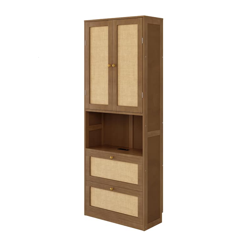 Roomfitters Tall Bookshelf with 2 Doors, 3 Drawers and USB Port, Multi-Functional Storage Cabinet with Shelves