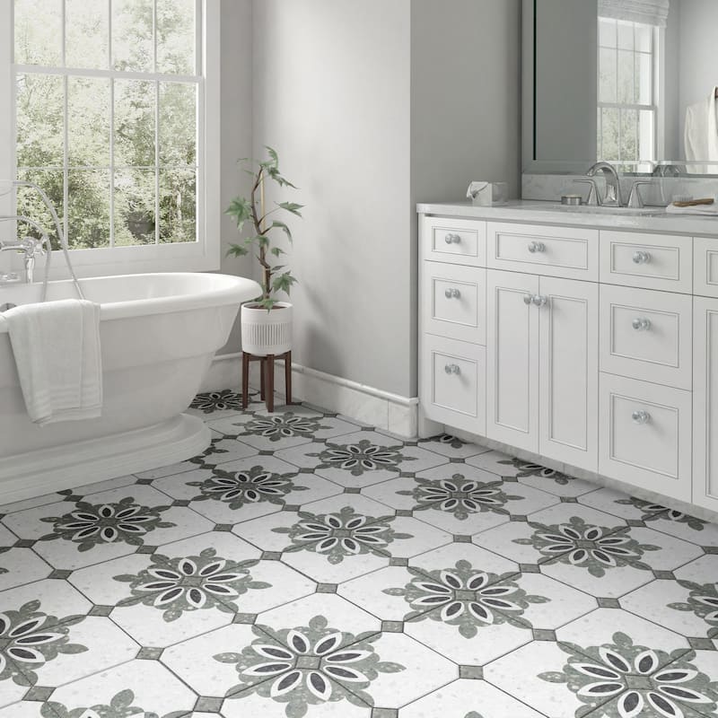 Merola Tile Riviera Octagon Antibes Verde with Taco Verde 7-7/8" x 7-7/8" Porcelain Floor and Wall Tile - Case (50 Tiles)