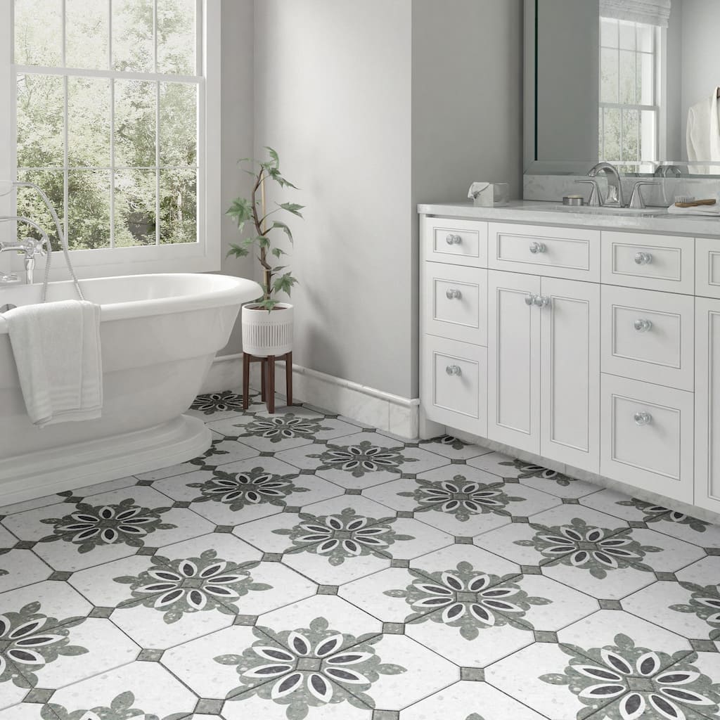 Merola Tile Riviera Octagon Antibes Verde with Taco Verde 7-7/8" x 7-7/8" Porcelain Floor and Wall Tile
