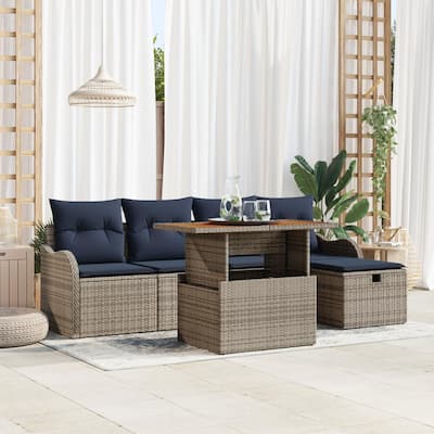 vidaXL 6 Garden Sofa Set with Cushions Black/Grey Poly Rattan - 90.9 x 46.1 x 27.2