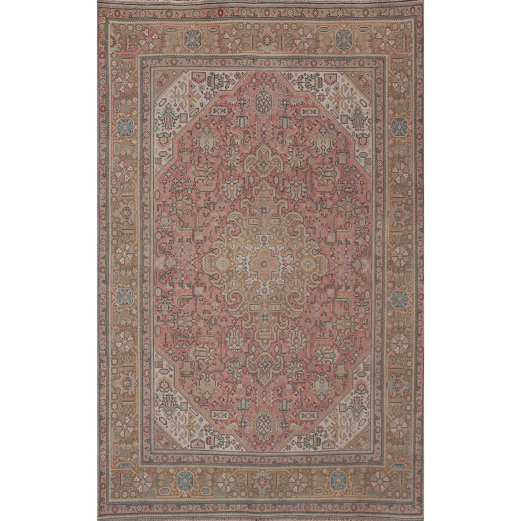 Hand Knotted Oriental 100% Wool Carpet Traditional Medallion Pink Tabriz Area Rug - 9' 4'' X 6' 5''