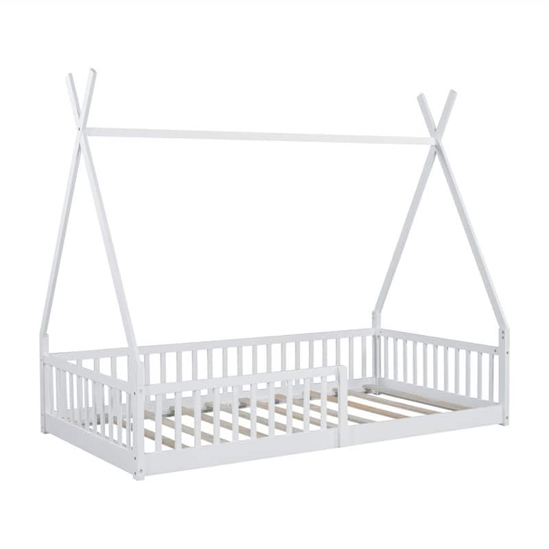 Twin Size House Floor Bed with Fence, Wooden House Shaped Montessori Bed with Triangulat Design for Kids