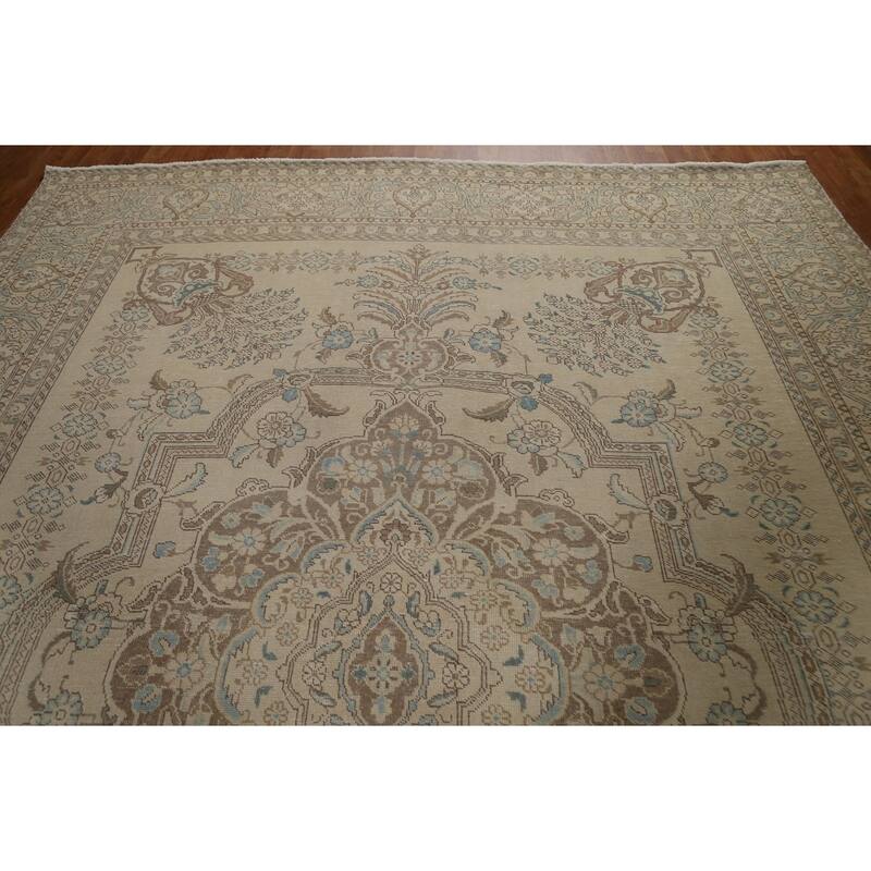 Hand Knotted Oriental 100% Wool Carpet Traditional Floral Beige & Ivories Tabriz Area Rug - 12' 9'' X 9' 7''