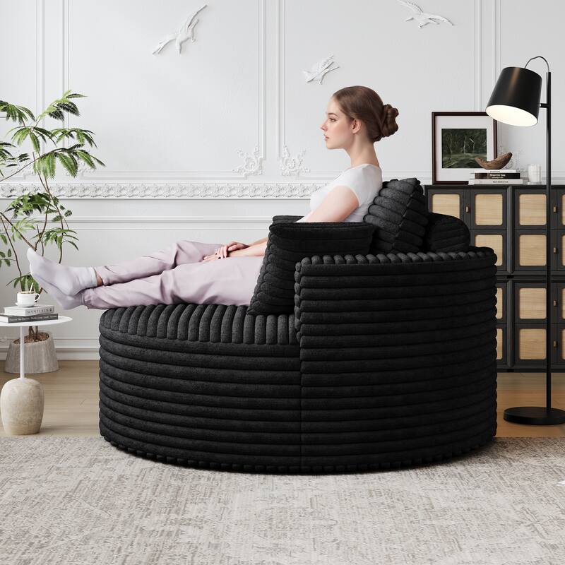 Corduroy Upholstered Single Sofa, Oversized Fluffy Sleeper Chair, Round Reading Chair with Headrest & 2 Pillow