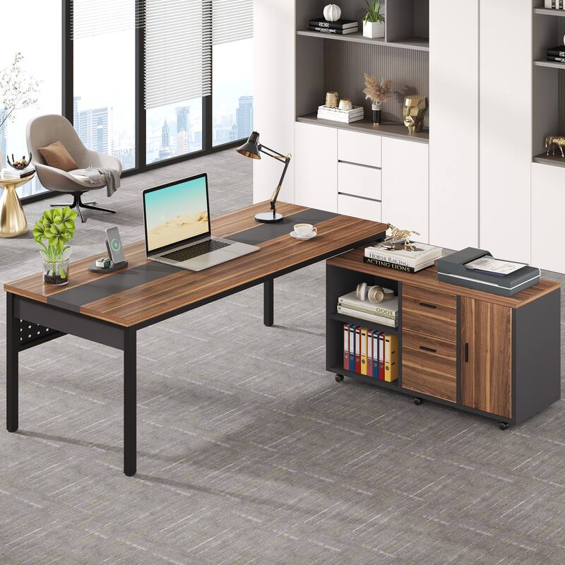 70.8 Inch L-shaped Computer Desk with Reversible File Drawer Cabinet, Executive Office Desk