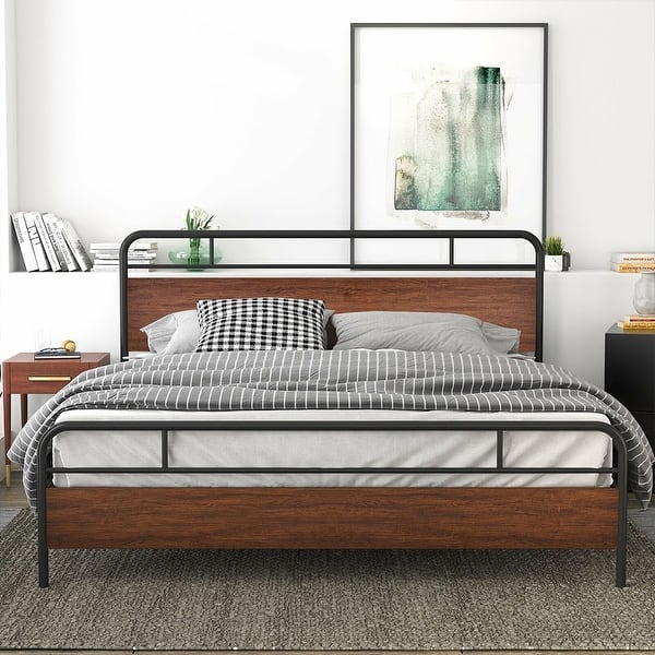 Heavy Metal King Bed Frame with Headboard & Footboard, Walnut Bed