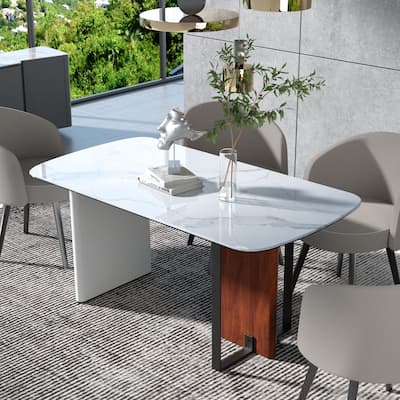 Rectangular White Dining Table with Sintered Stone Glass Top - 64" W x 34" D x 30" H