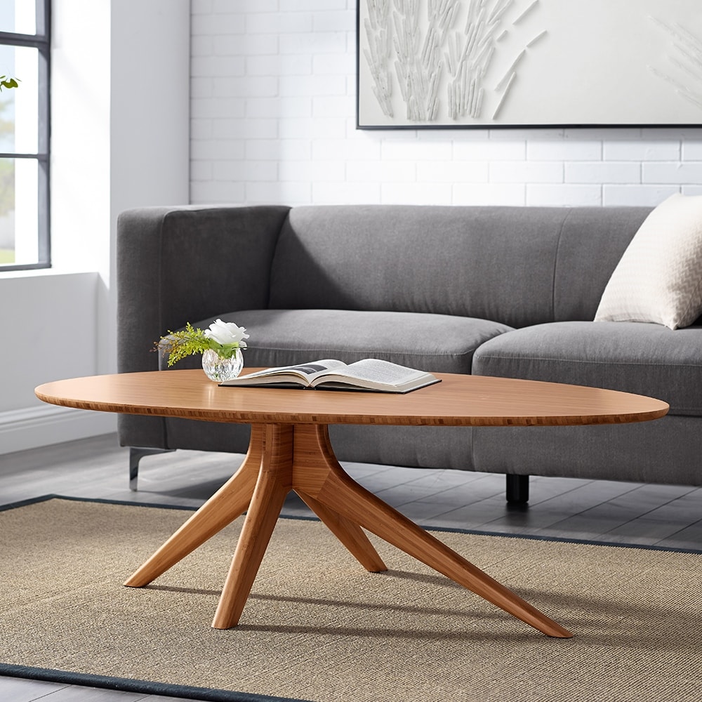 Grace Solid Bamboo Coffee Table, Mid-Century Modern Oval Coffee Table in Amber Finish