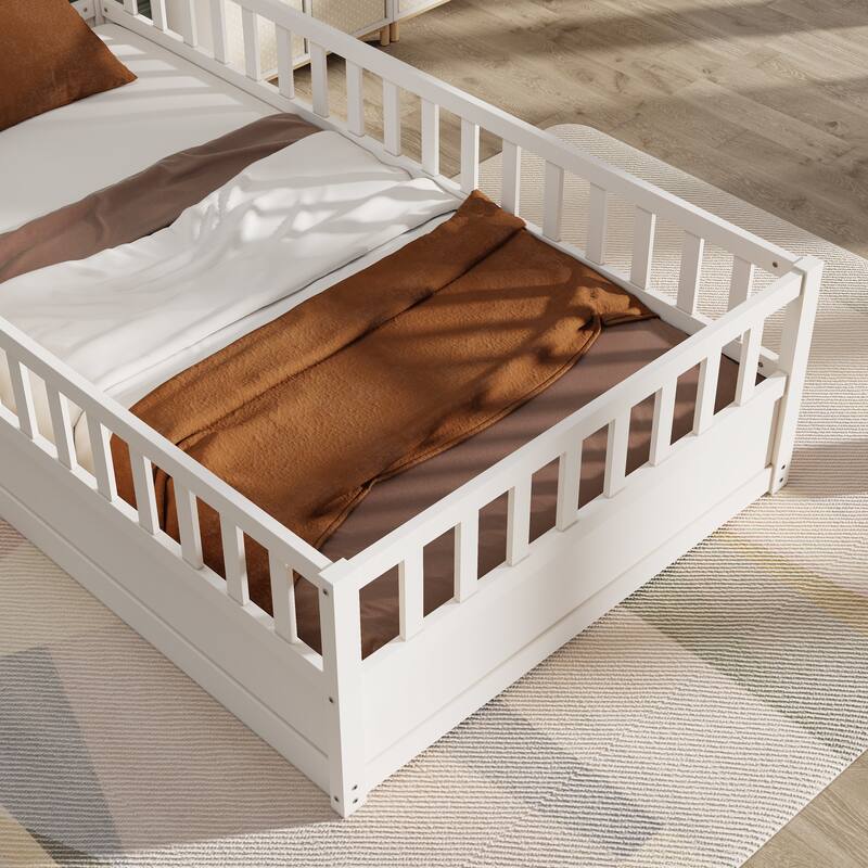 Montessori Twin Floor Bed with Safety Fence - White Pine Wood Kids Play & Sleep Space