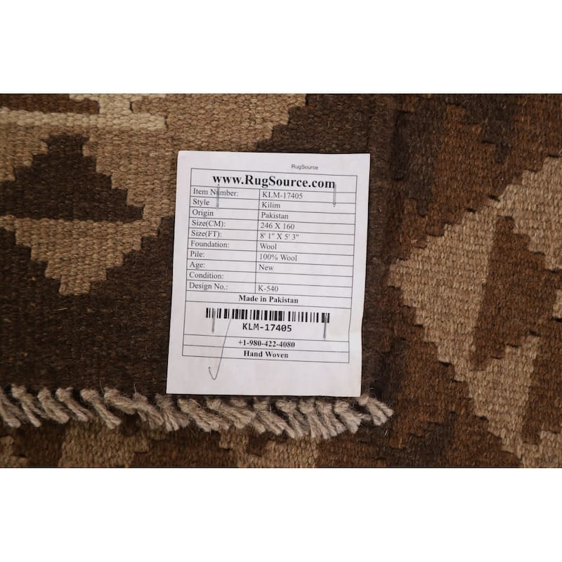 Brown Tribal Geometric Kilim Oriental Area Rug Flat-weave Wool Carpet - 5'3" x 8'1"
