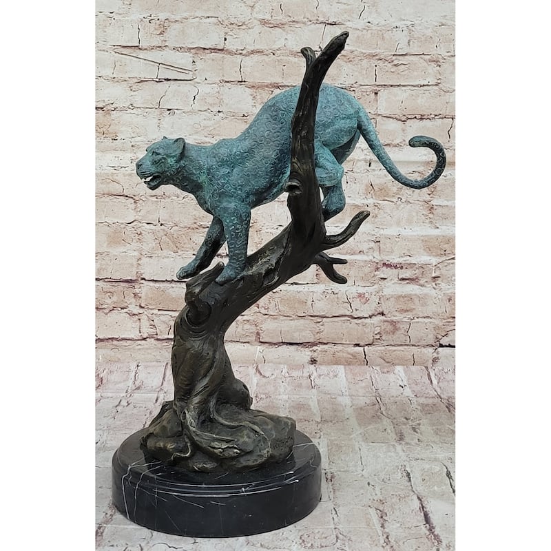 Leopard Jaguar In A Tree - Bronze Metal Statue Sculpture Green Patina Signed Original Art