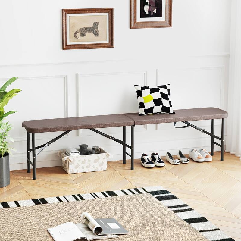 Gymax 2PCS 6 ft Plastic Folding Bench Portable Fold-in-Half Seat w/