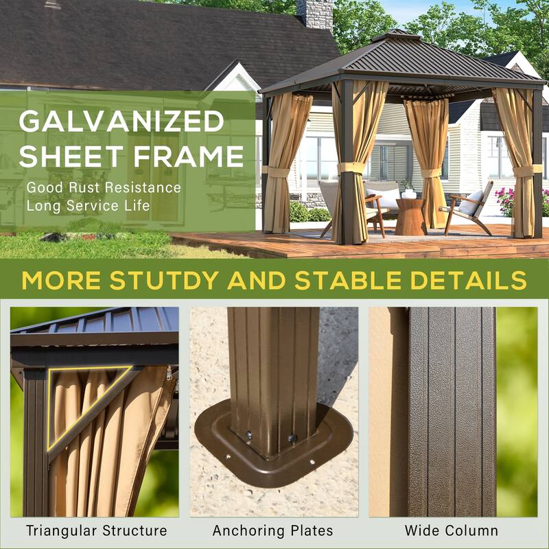 Erommy Hardtop Gazebo with Galvanized Steel Double Roof & Aluminum Frame, Outdoor Gazebo with Curtains and Nettings
