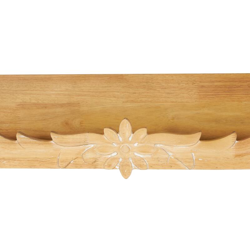 Light Brown Wooden Floral Room Wall Shelf with Carved Scroll Lip