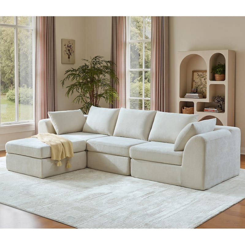 118 inch Oversized 3 Seater Deep Seat L-Shaped Sectional Couches Cloud Chenille Modular Boneless Sofa with Movable Ottoman - White
