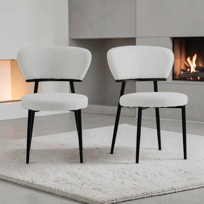 Set of 2 Modern Upholstered Arm Dining Chairs with Metal Legs, Soft Padded Seat & Backrest - White